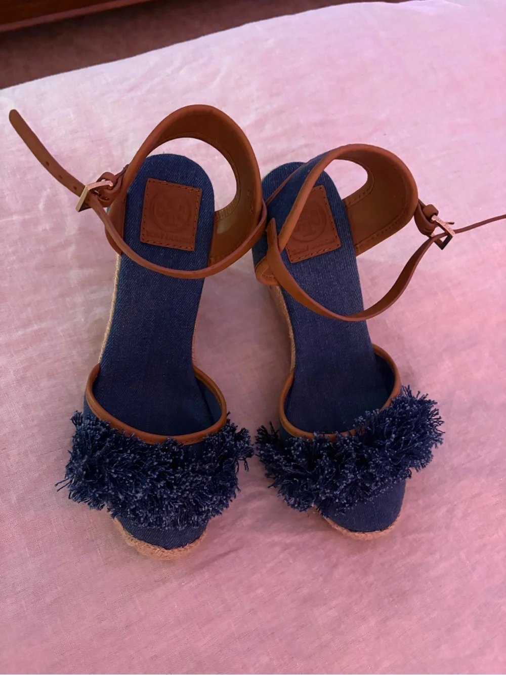 Tory Burch Navy Denim Espadrille Wedge Sandals with Pom Detail